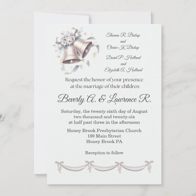 Gray and Pink Bells Wedding Invitation (Front)