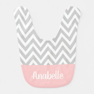 Gray and Pink Chevron Baby Name Monogrammed Baby Bib