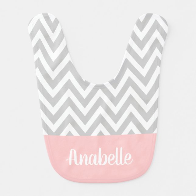 Gray and Pink Chevron Baby Name Monogrammed Bib (Front)