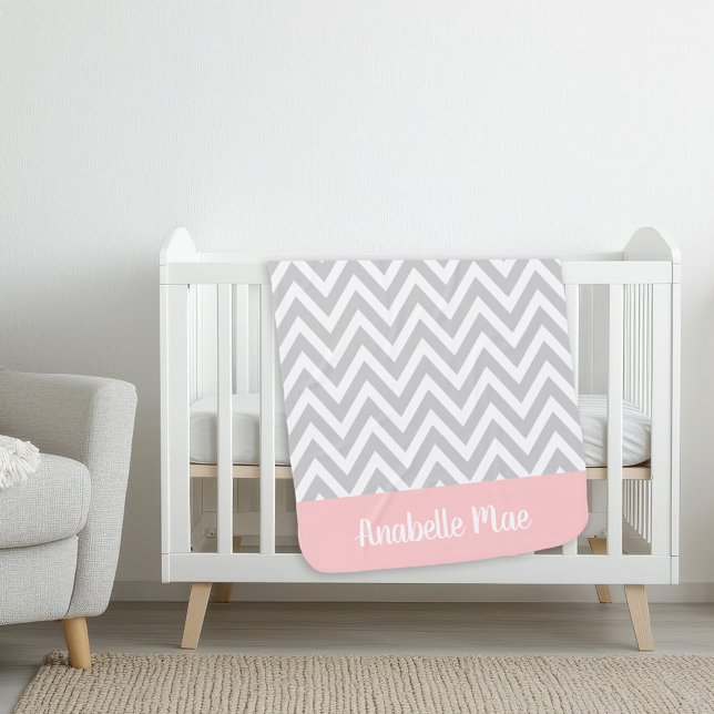 Gray and Pink Chevron Baby Name Monogrammed Blanket (Creator Uploaded)