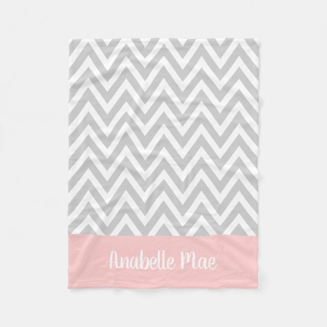 Gray and Pink Chevron Baby Name Monogrammed Fleece Blanket (Front)