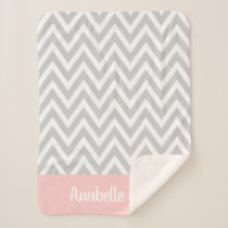Gray and Pink Chevron Baby Name Monogrammed Sherpa Blanket