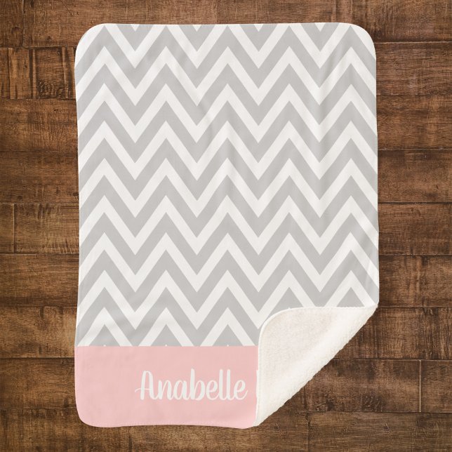 Gray and Pink Chevron Baby Name Monogrammed Sherpa Blanket (Creator Uploaded)