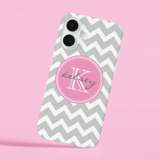 Gray and Pink Chevron Custom Monogram iPhone 16 Case