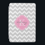 Gray and Pink Chevron Custom Monogram iPad Mini Cover<br><div class="desc">Cute trendy chic iPad case features a preppy zigzag chevron pattern personalized with your monogram name and initial in a girly quatrefoil frame. Click Customize It to change text fonts and colors to create your own unique one of a kind design.</div>