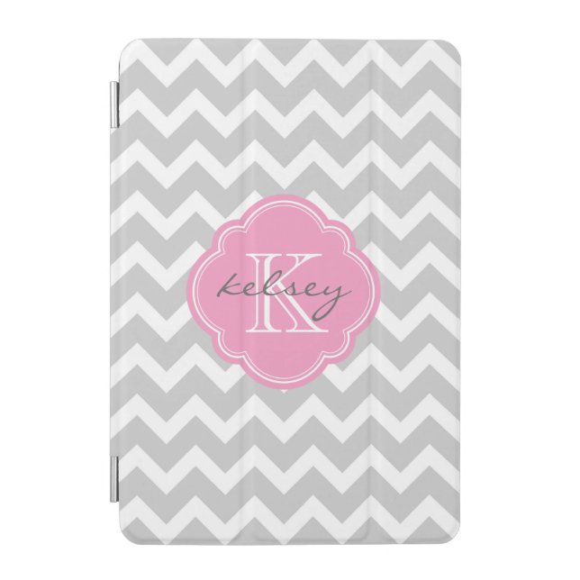 Gray and Pink Chevron Custom Monogram iPad Mini Cover (Front)