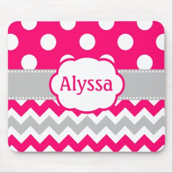 Gray And Pink Chevron Dots Personalized Mouse Pad by mybabytee at Zazzle