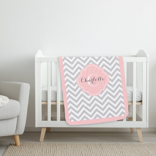 Gray and Pink Chevron Monogram Baby Blanket (Creator Uploaded)