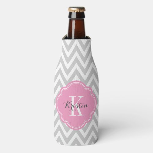 Gray and Pink Chevron Monogram Bottle Cooler