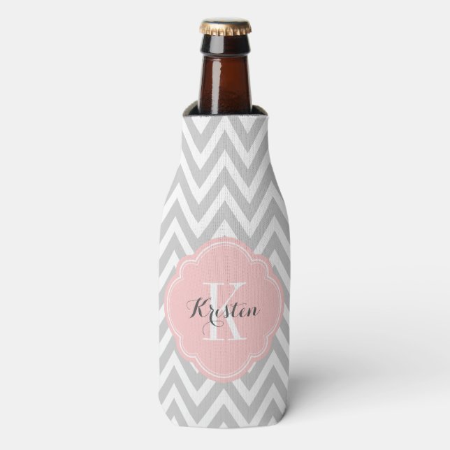 Gray and Pink Chevron Monogram Bottle Cooler (Bottle Front)