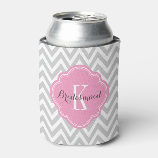 Gray and Pink Chevron Monogram Can Cooler (Can Front)