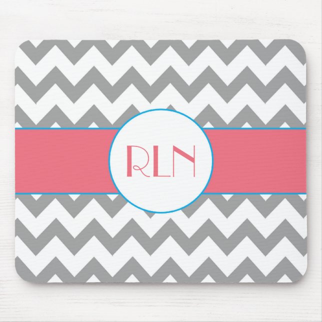 Gray and Pink Chevron Monogram Mouse Pad (Front)
