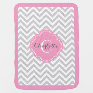 Gray and Pink Chevron Monogram Swaddle Blanket