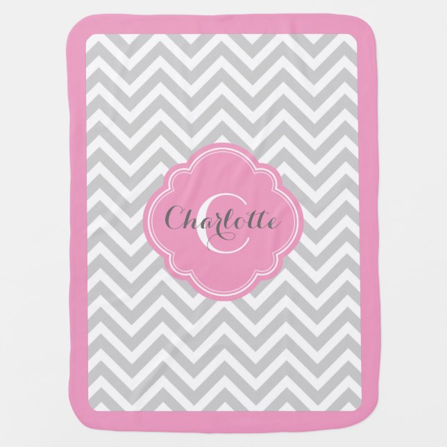 Gray and Pink Chevron Monogram Swaddle Blanket (Front)