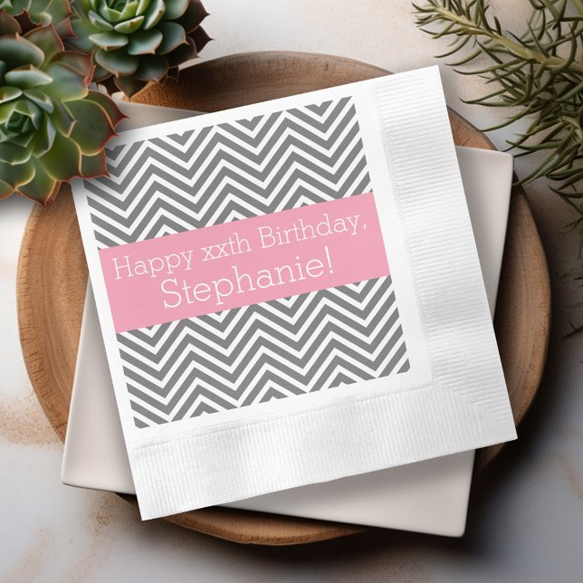 Gray and Pink Chevrons - Custom Printed Birthday Paper Napkins (Personalized cocktail and dinner napkins)