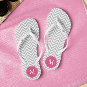 Gray and Pink Chevrons Monogrammed Flip Flops