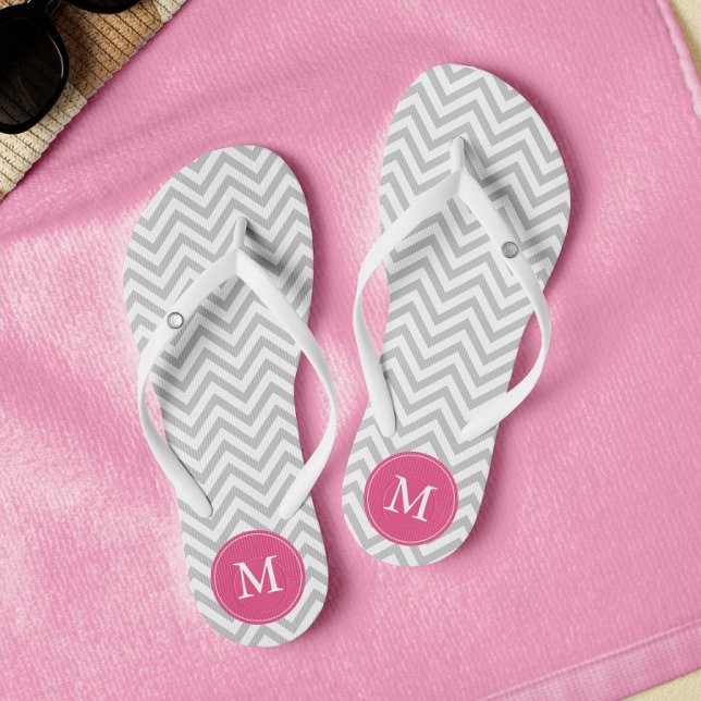 Gray and Pink Chevrons Monogrammed Flip Flops (Creator Uploaded)
