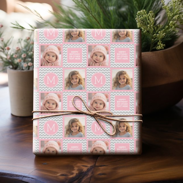 Gray and Pink Chevrons - Photo and Monogram Wrapping Paper (Personalized Photo Wrapping Paper)