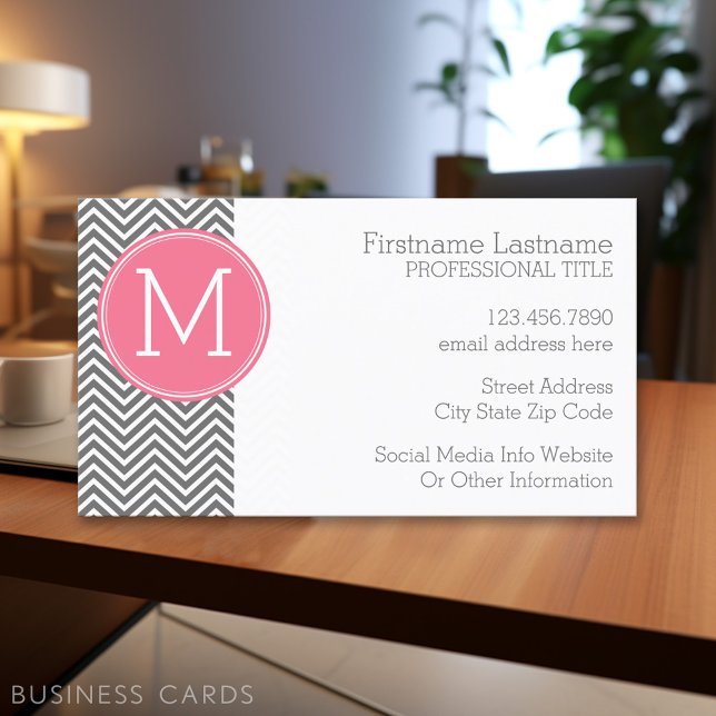Gray and Pink Chevrons with Custom Monogram Business Card (Personalized Printed Business Cards)