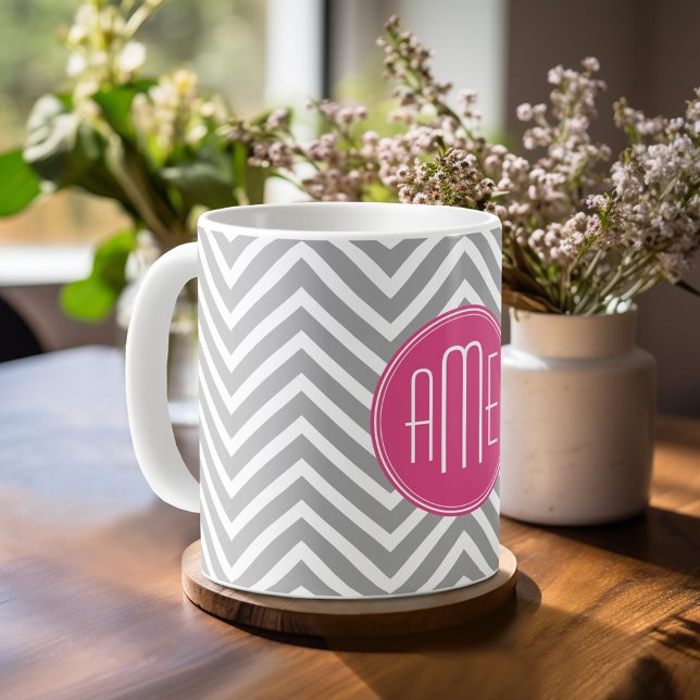 Gray and Pink Chevrons with Custom Monogram Coffee Mug (Mug template with monogram)