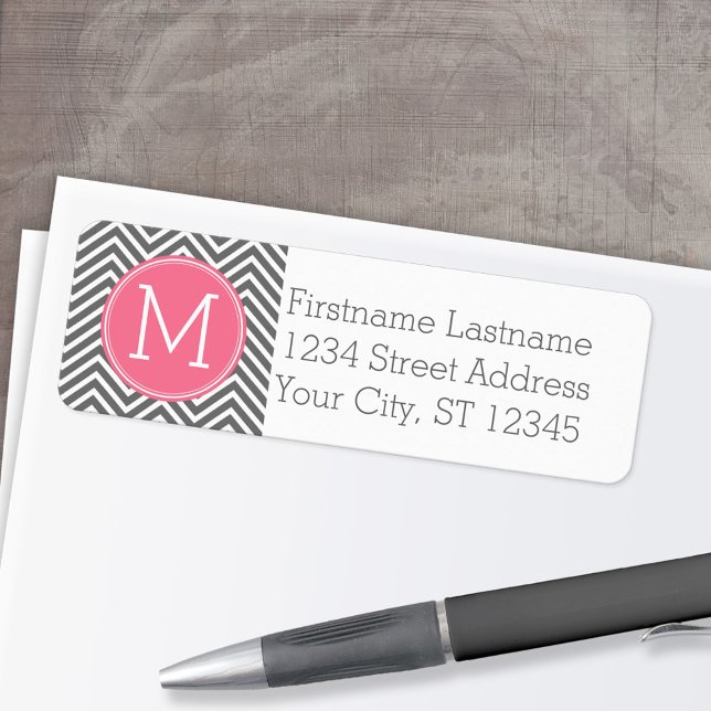 Gray and Pink Chevrons with Custom Monogram Label (Custom Return Address Labels - Low Minimum)