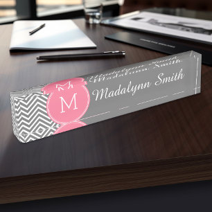 Gray and Pink Chevrons with Custom Monogram Nameplate
