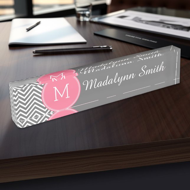 Gray and Pink Chevrons with Custom Monogram Nameplate (Personalized Name Plate for the Office, School or Home)