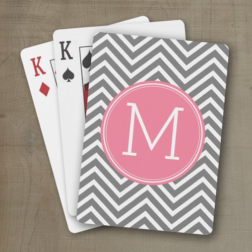Gray and Pink Chevrons with Custom Monogram Poker Cards