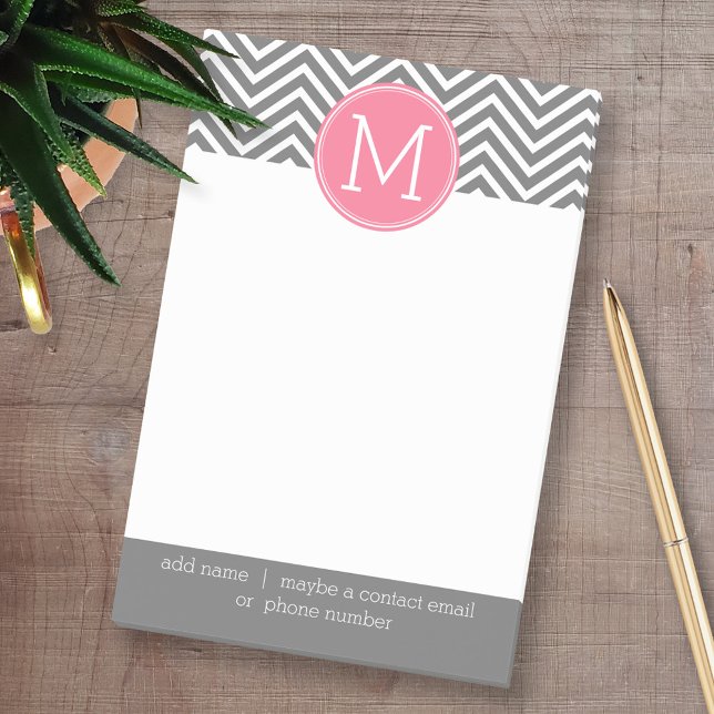 Gray and Pink Chevrons with Custom Monogram Post-it Notes (Custom Post-it Note Pads - Add your name and other text)