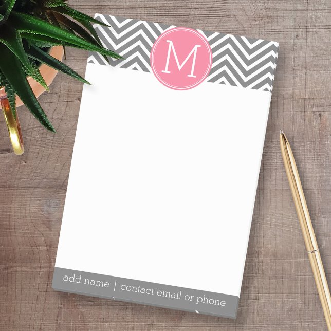 Gray and Pink Chevrons with Custom Monogram Post-it Notes (Custom Post-it Note Pads - Add your name and other text)