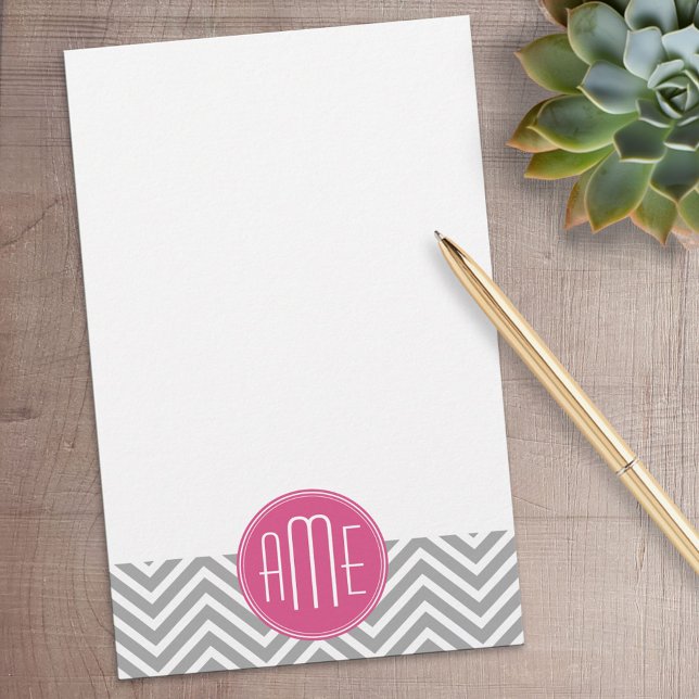 Gray and Pink Chevrons with Custom Monogram Stationery (Personalized Stationery)
