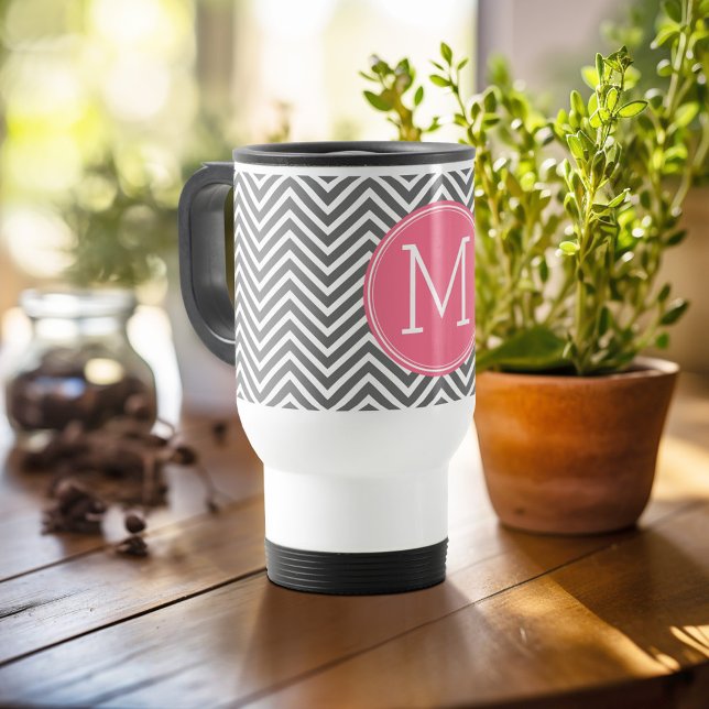Gray and Pink Chevrons with Custom Monogram Travel Mug (Personalized travel mug - add photos and text or customize completely)