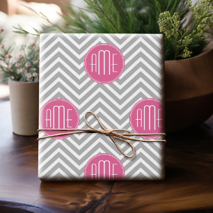 Gray and Pink Chevrons with Custom Monogram Wrapping Paper