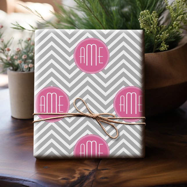Gray and Pink Chevrons with Custom Monogram Wrapping Paper (Personalized Wrapping Paper)