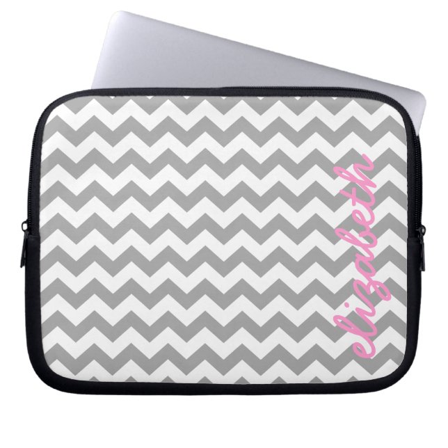 Gray and Pink Chevrons with Custom Name Laptop Sleeve (Front)
