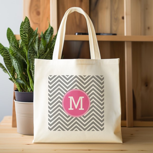 Gray and Pink Chevrons with Custom Triple Monogram Large Tote Bag (Personalized tote bag with chevrons and monogram)