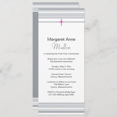 Gray and Pink Cross First Communion Invitation