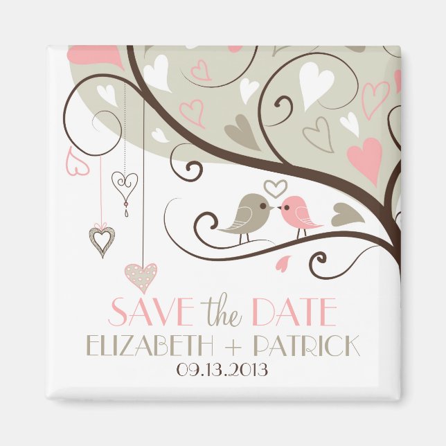Gray and Pink Cute Love Birds Save the Date Magnet (Front)