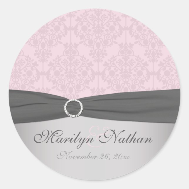 Gray and Pink Damask 1.5" Round Sticker (Front)
