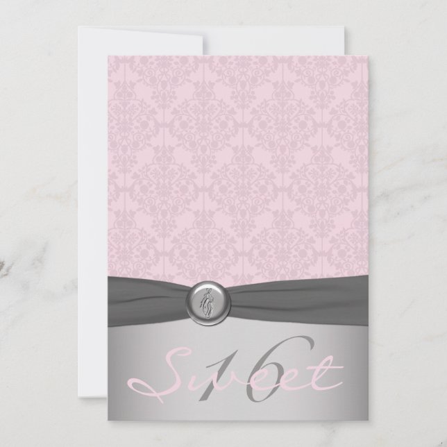 Gray and Pink Damask Ballerina Sweet Sixteen Invitation (Front)