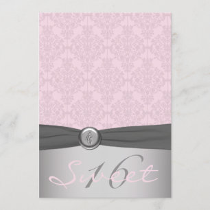 Gray and Pink Damask Ballerina Sweet Sixteen Invitation