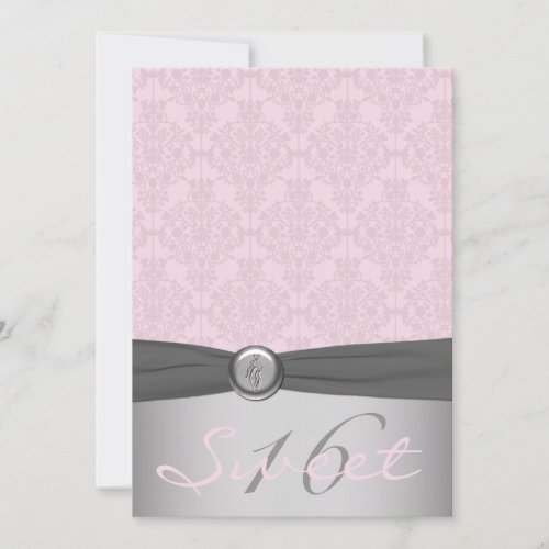 Gray and Pink Damask Ballerina Sweet Sixteen Personalized Invite