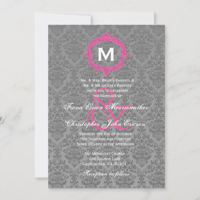 Gray and Pink Damask Monogram Wedding V027B Invitation (Front)