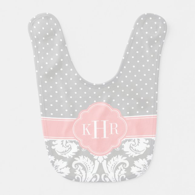 Gray and Pink Damask Polka Dots Monogram Bib (Front)