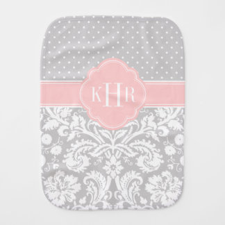 Gray and Pink Damask Polka Dots Monogram Burp Cloth