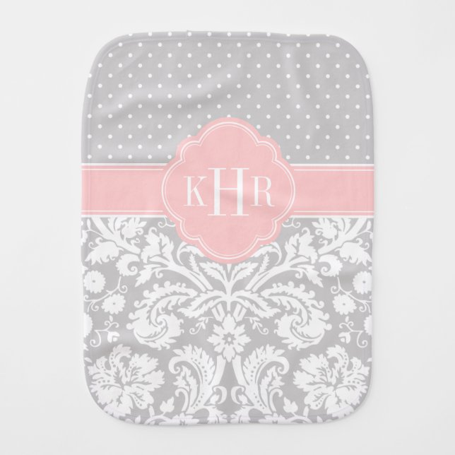 Gray and Pink Damask Polka Dots Monogram Burp Cloth (Front)