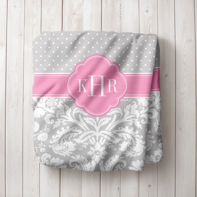 Gray and Pink Damask Polka Dots Monogram Fleece Blanket (Creator Uploaded)