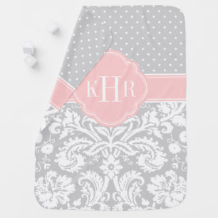 Gray and Pink Damask Polka Dots Monogram Swaddle Blanket