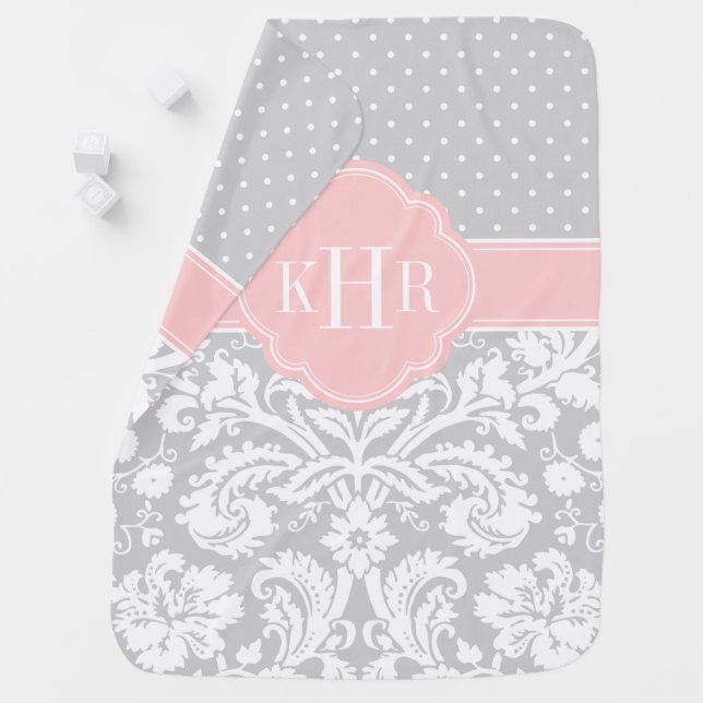 Gray and Pink Damask Polka Dots Monogram Swaddle Blanket (In Situ)