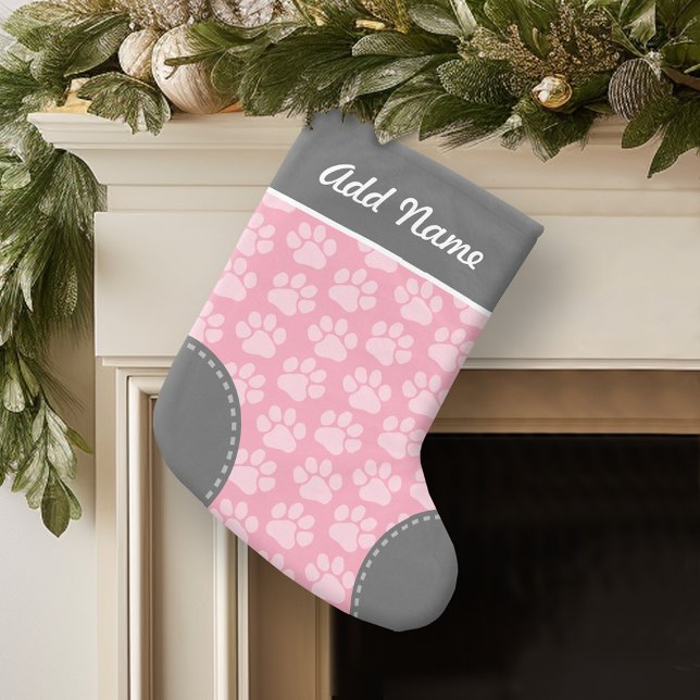 Gray and Pink Dog Paw Print Pattern Custom Name Small Christmas Stocking (Personalized Christmas Stocking)